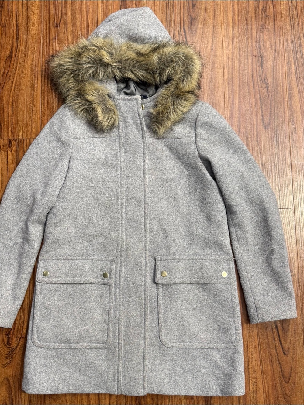 J. Crew Wool-Blend Faux Fur Hooded Parka Coat in Grey Size 2 - Picture 2 of 7